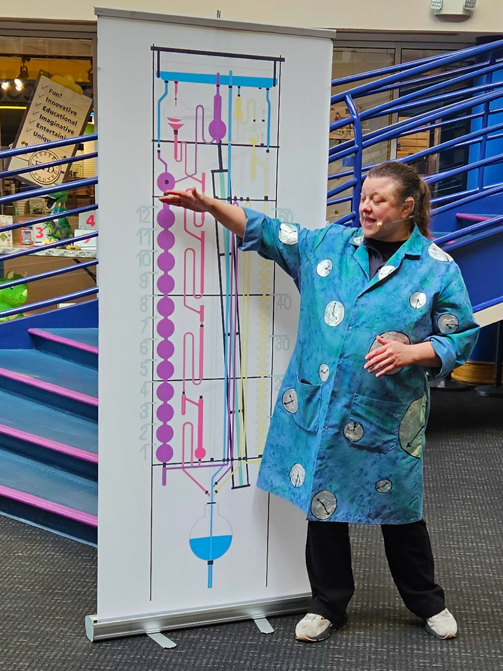 Staff member explaining a large diagram of the Water Clock.